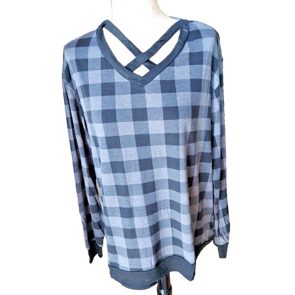 NEW Grace & Emma Womens Long Sleeve Large Top 🖤 Black Gray Plaid Pattern SZ L - Picture 2 of 8